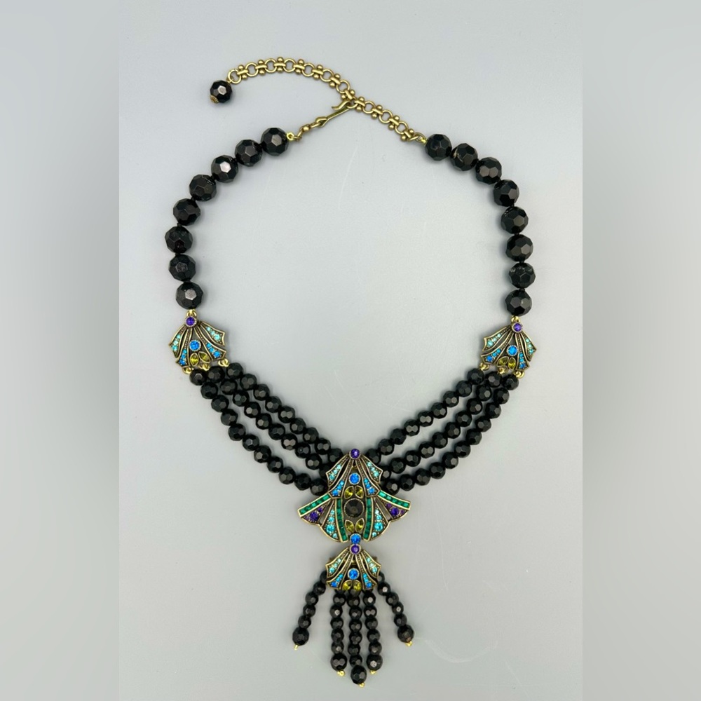 Heidi Daus Signed Necklace Black Faceted Crystal Multi-Strand Art Deco Style